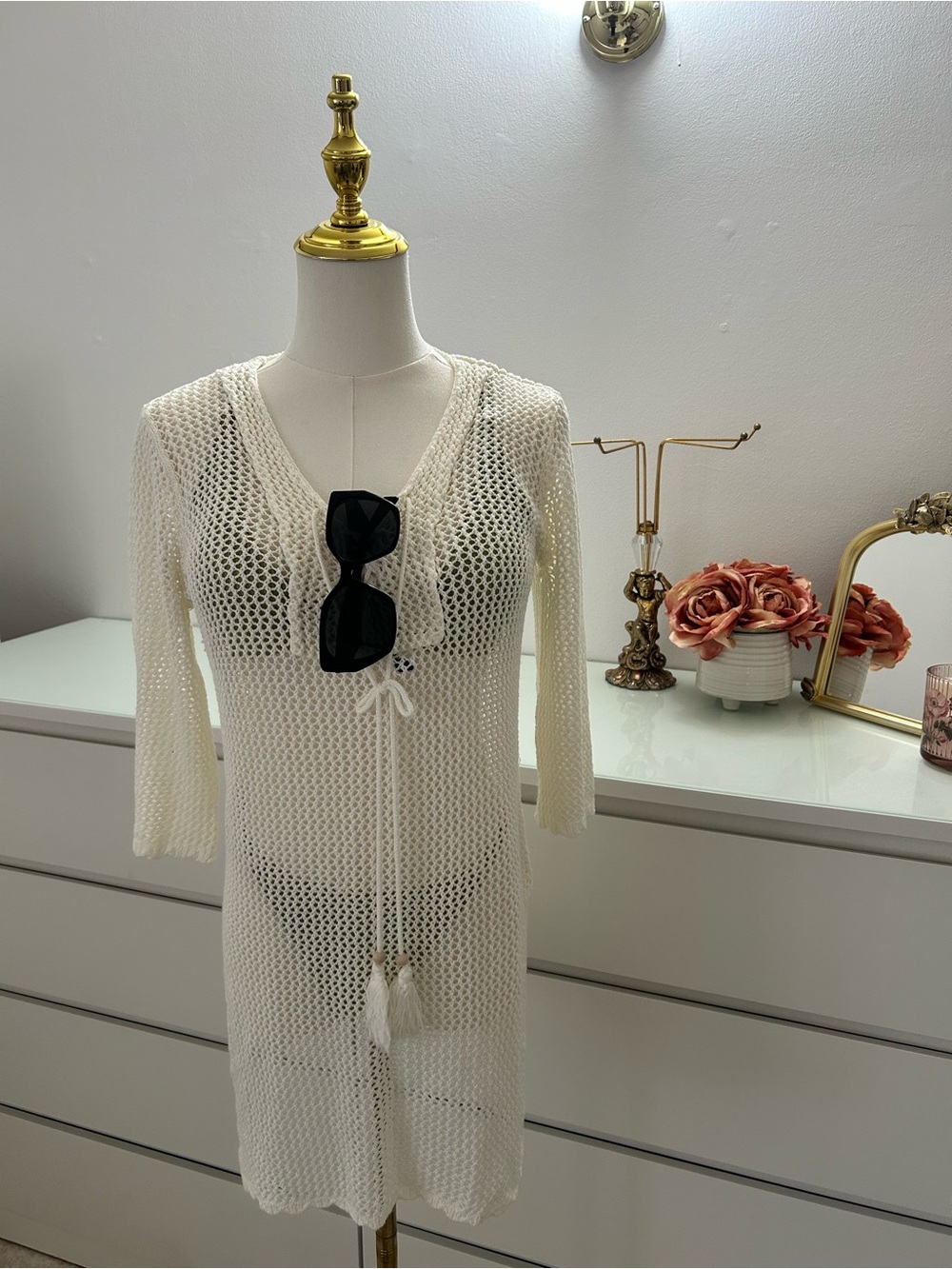 Women's Cream Crochet Swim Cover-Up with Tassel Tie
